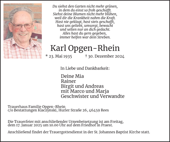 Traueranzeige von Karl Opgen-Rhein von Tageszeitung