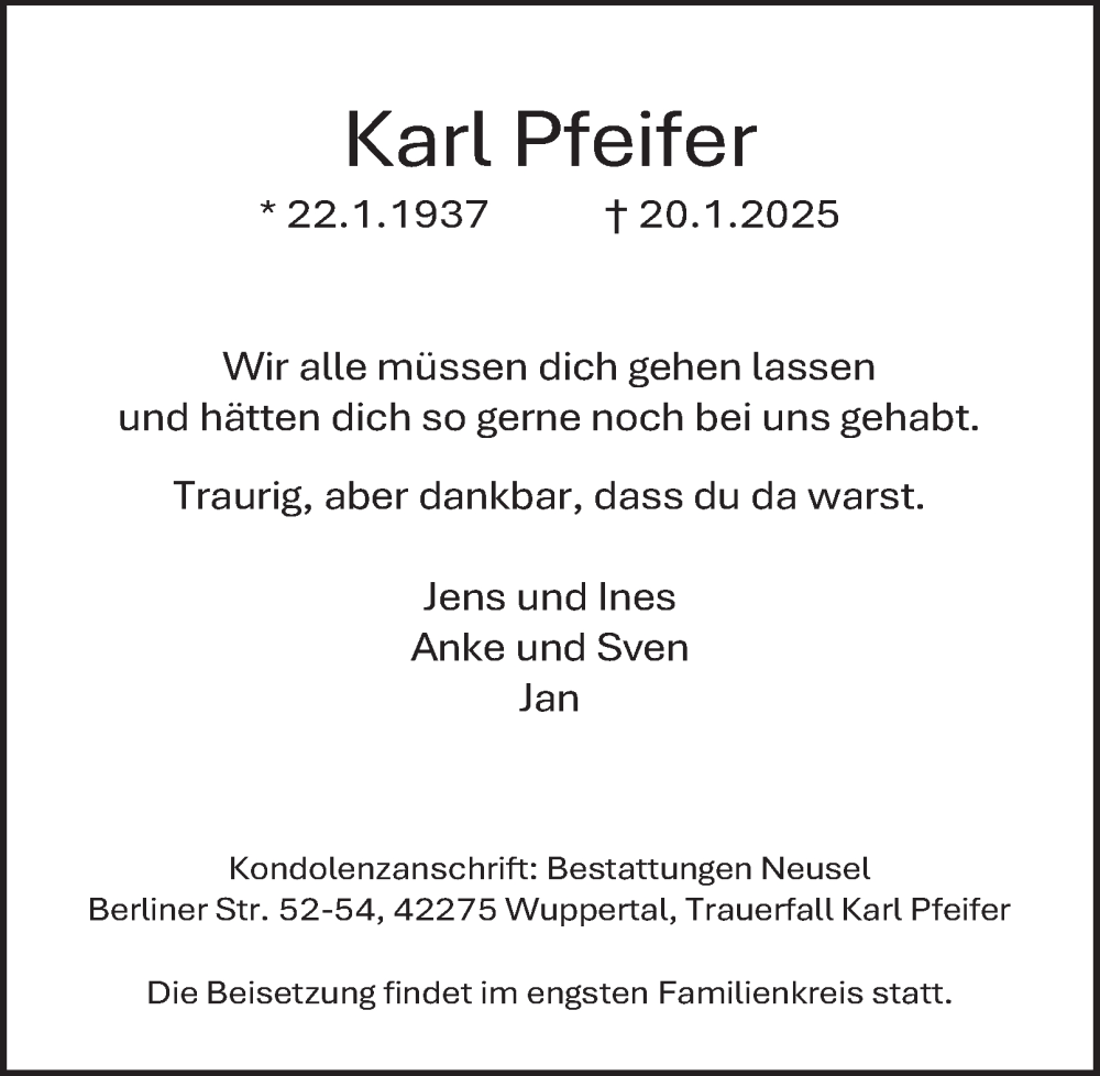  Traueranzeige für Karl Pfeifer vom 01.02.2025 aus Tageszeitung