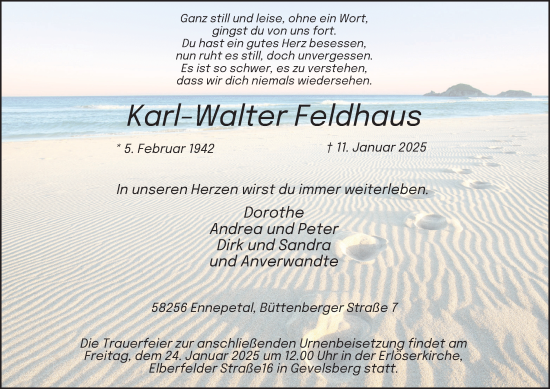Traueranzeige von Karl-Walter Feldhaus von Tageszeitung