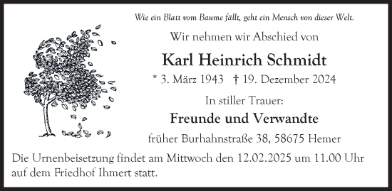 Traueranzeige von Karl Heinrich Schmidt von Tageszeitung