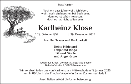 Traueranzeige von Karlheinz Klose von Tageszeitung
