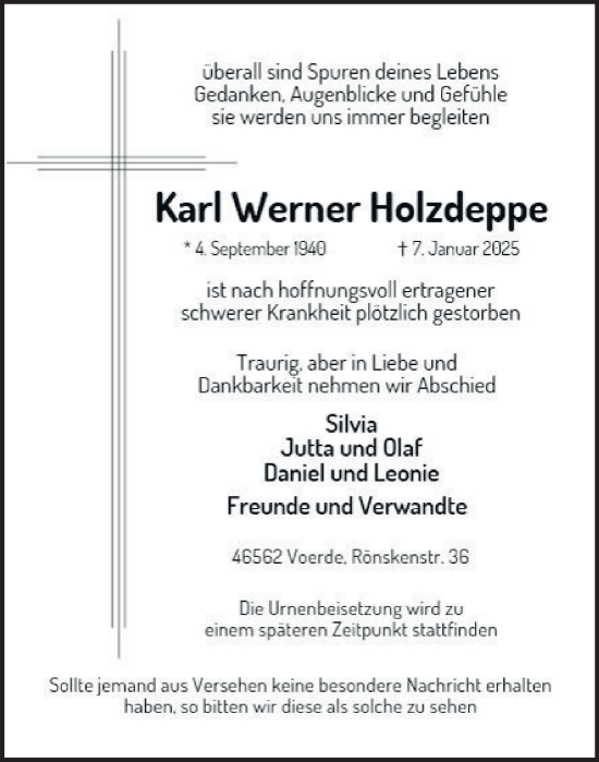 Traueranzeige von Karl Werner Holzdeppe von Tageszeitung