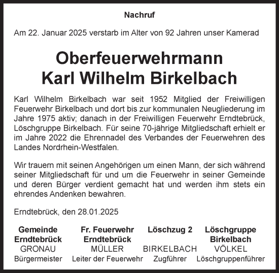 Traueranzeige von Karl Wilhelm Birkelbach von Tageszeitung