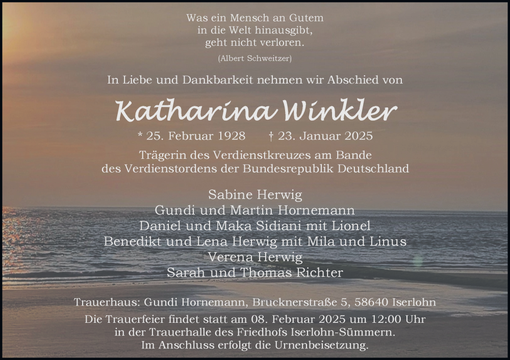  Traueranzeige für Katharina Winkler vom 01.02.2025 aus Tageszeitung