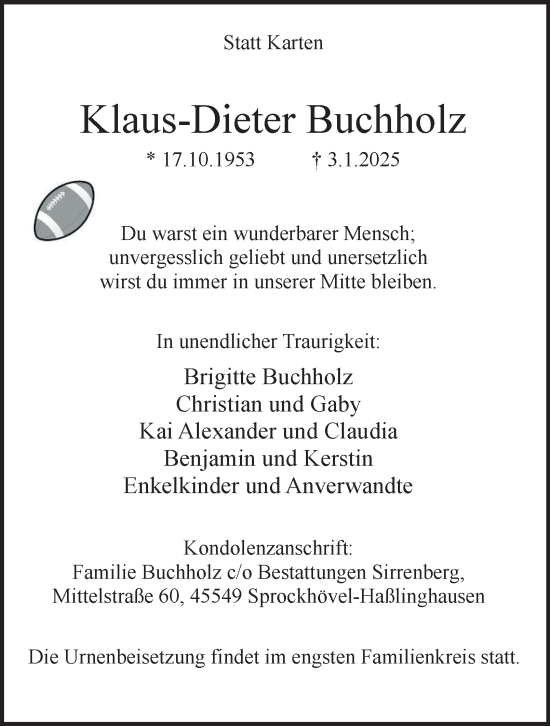 Traueranzeige von Klaus-Dieter Buchholz von Tageszeitung