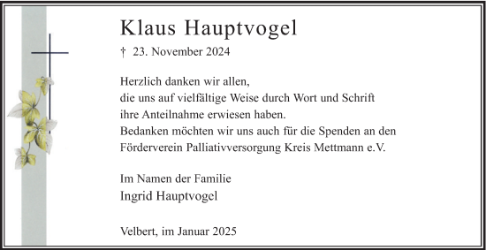 Traueranzeige von Klaus Hauptvogel von Tageszeitung