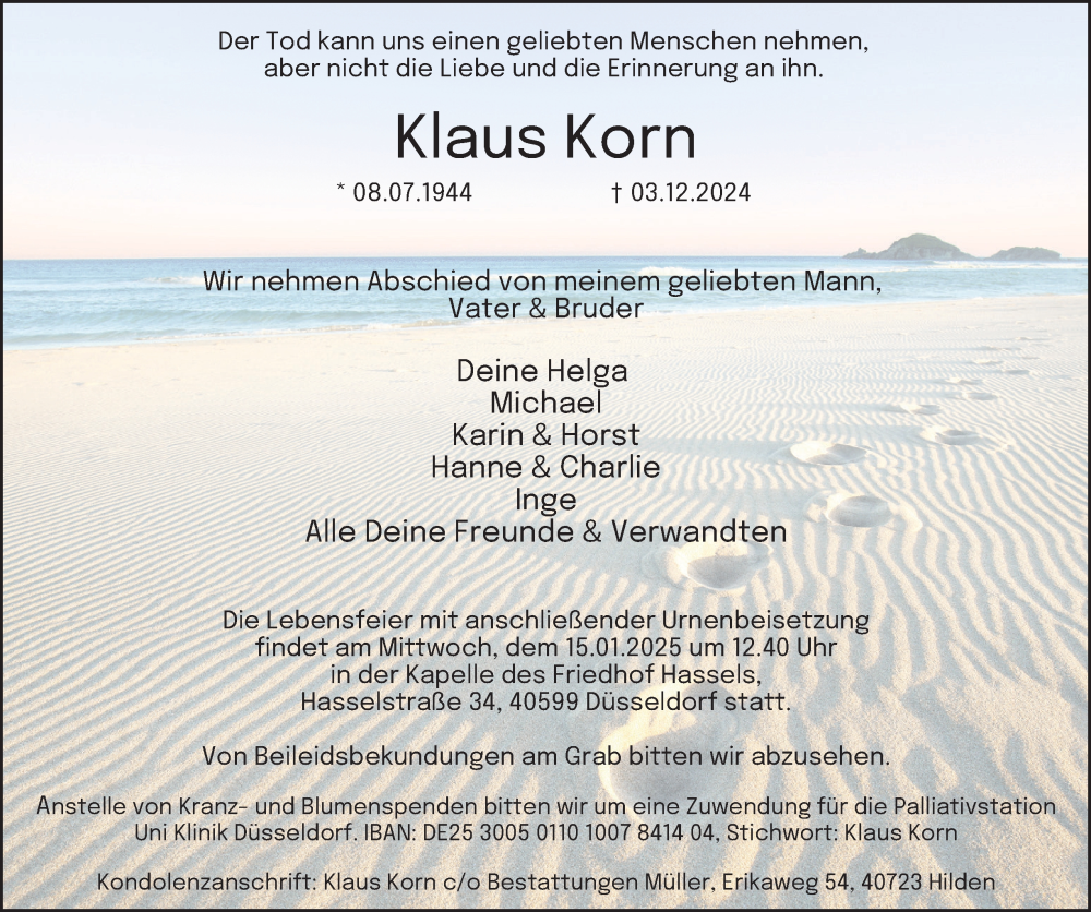  Traueranzeige für Klaus Korn vom 04.01.2025 aus Tageszeitung
