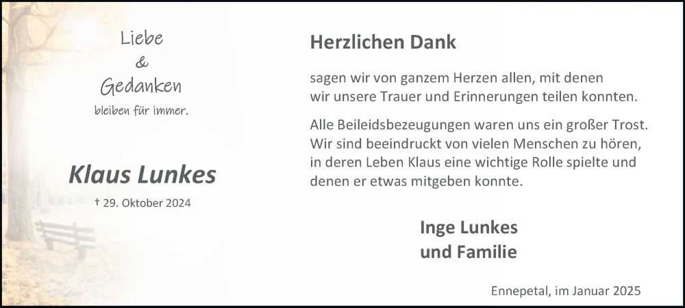  Traueranzeige für Klaus Lunkes vom 18.01.2025 aus Tageszeitung