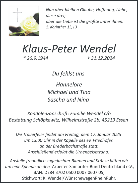 Traueranzeige von Klaus-Peter Wendel von Tageszeitung