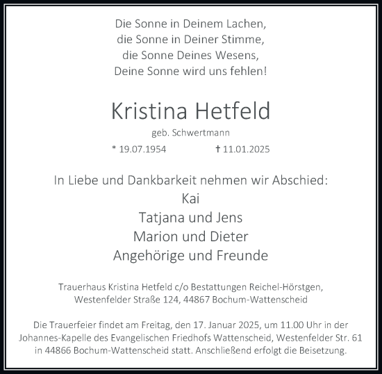 Traueranzeige von Kristina Hetfeld von Tageszeitung