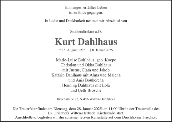 Traueranzeige von Kurt Dahlhaus von Tageszeitung