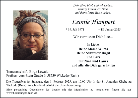 Traueranzeige von Leonie Humpert von Tageszeitung