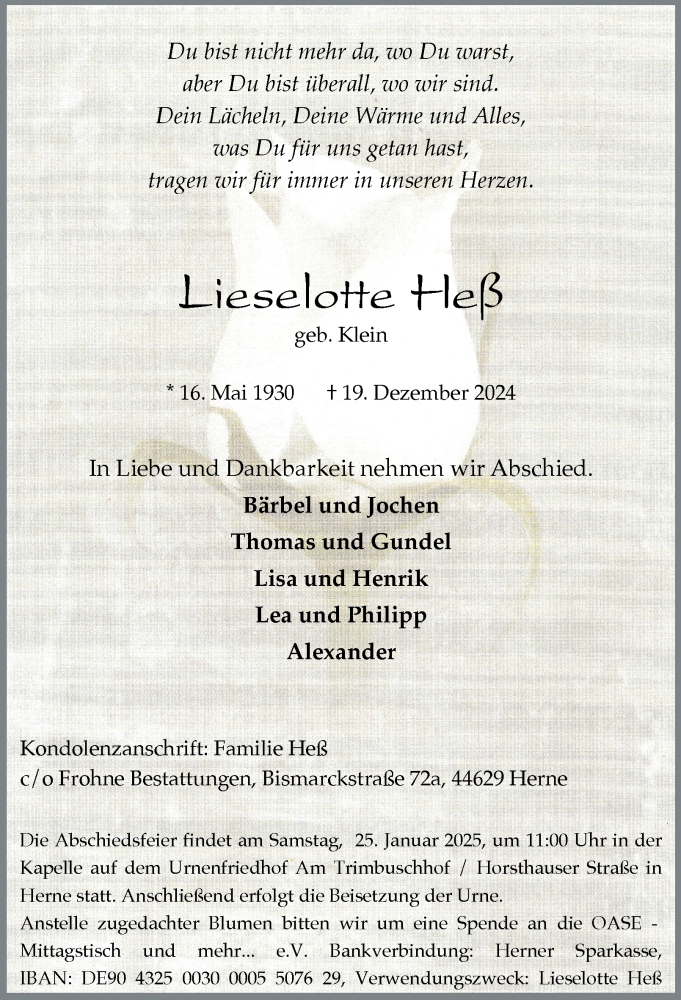  Traueranzeige für Lieselotte Heß vom 04.01.2025 aus Tageszeitung