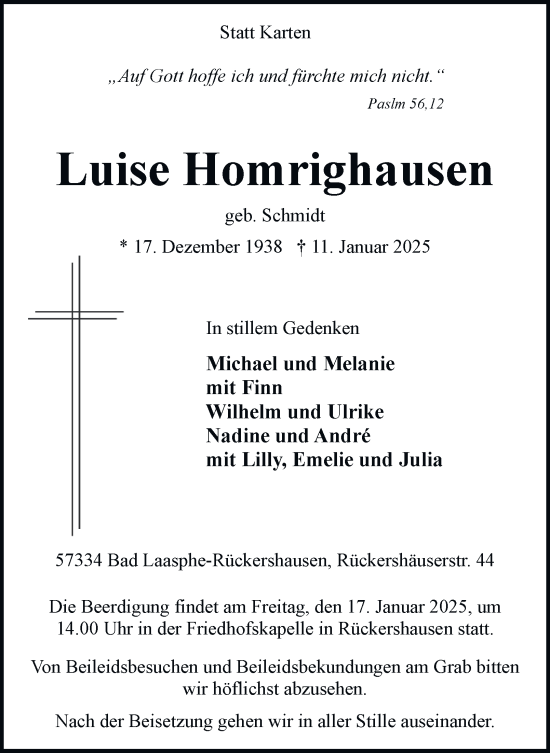 Traueranzeige von Luise Homrighausen von Tageszeitung