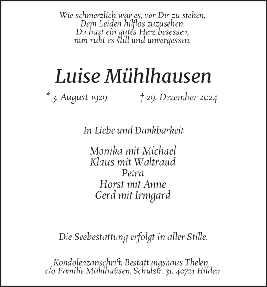 Traueranzeige von Luise Mühlhausen von Tageszeitung