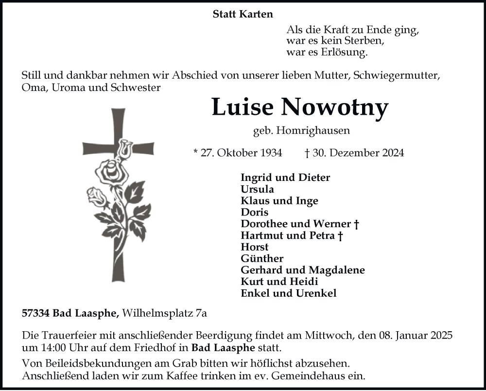  Traueranzeige für Luise Nowotny vom 04.01.2025 aus Tageszeitung