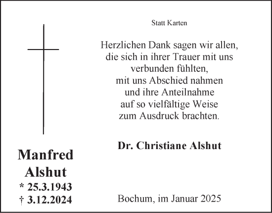 Traueranzeige von Manfred Alshut von Tageszeitung