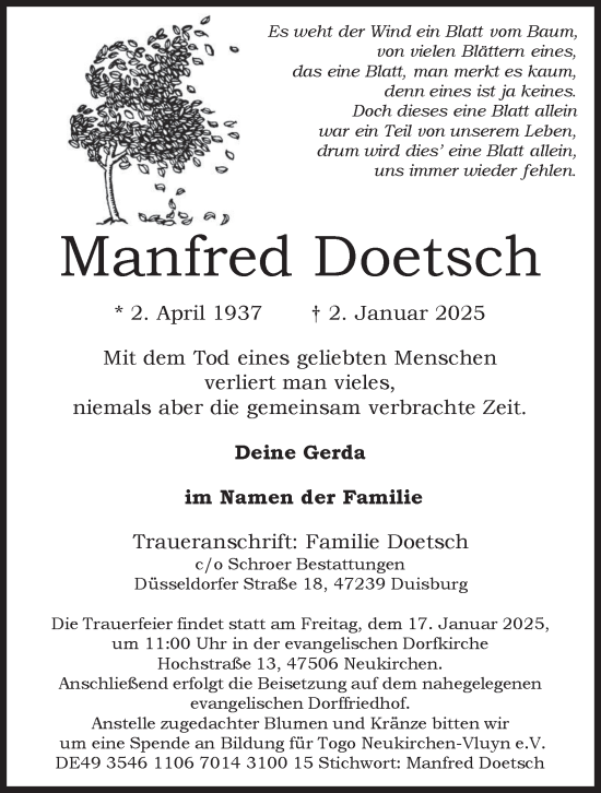 Traueranzeige von Manfred Doetsch von Tageszeitung