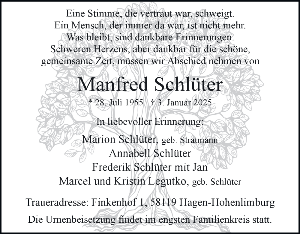  Traueranzeige für Manfred Schlüter vom 01.02.2025 aus Tageszeitung