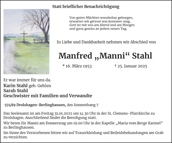 Traueranzeige von Manfred Stahl von Tageszeitung