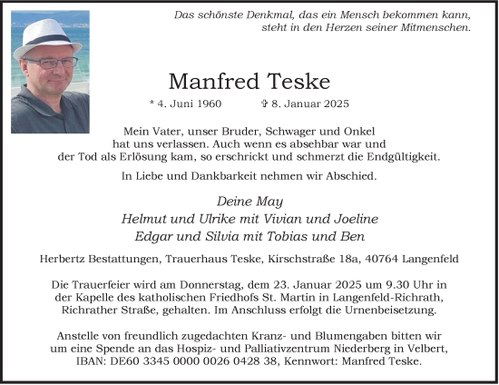 Traueranzeige von Manfred Teske von Tageszeitung