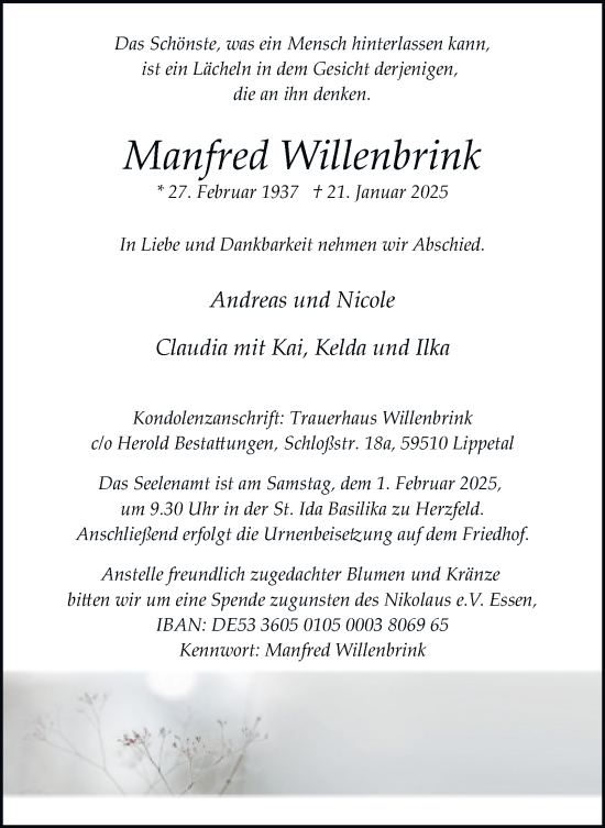 Traueranzeige von Manfred Willenbrink von Tageszeitung