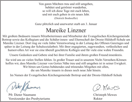 Traueranzeige von Mareike Linzner von Tageszeitung