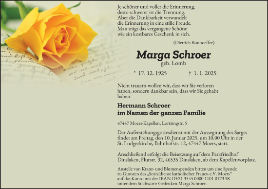 Traueranzeige von Marga Schroer von Tageszeitung