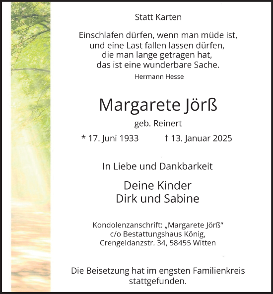 Traueranzeige von Margarete Jörß von Tageszeitung