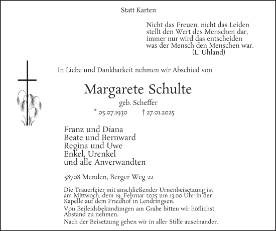 Traueranzeige von Margarete Schulte von Tageszeitung