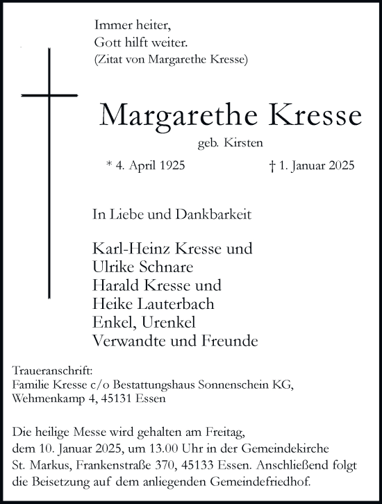 Traueranzeige von Margarethe Kresse von Tageszeitung