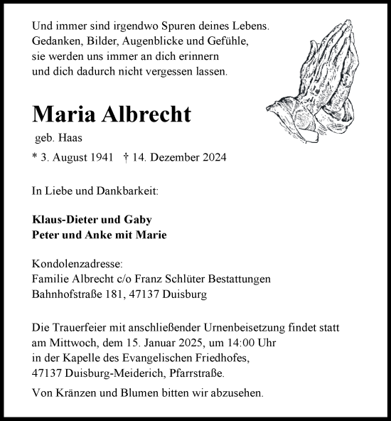 Traueranzeige von Maria Albrecht von Tageszeitung