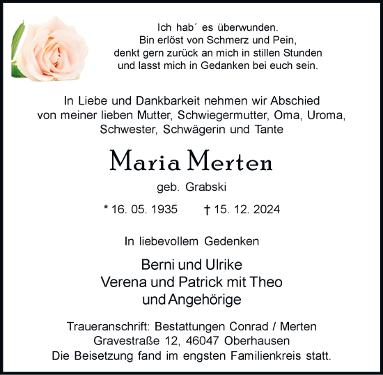 Traueranzeige von Maria Merten von Tageszeitung