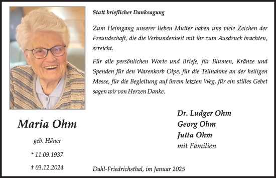 Traueranzeige von Maria Ohm von Tageszeitung