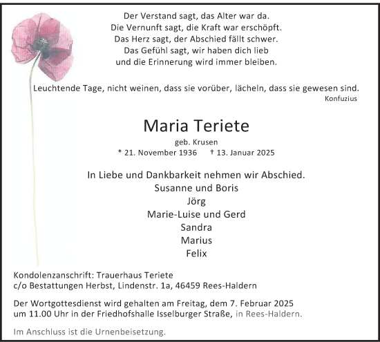 Traueranzeige von Maria Teriete von Tageszeitung