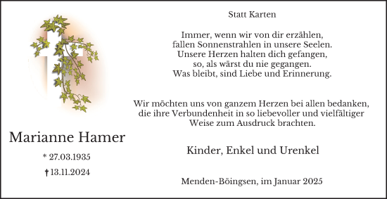 Traueranzeige von Marianne Hamer von Tageszeitung