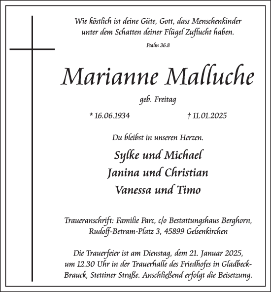 Traueranzeige von Marianne Malluche von Tageszeitung