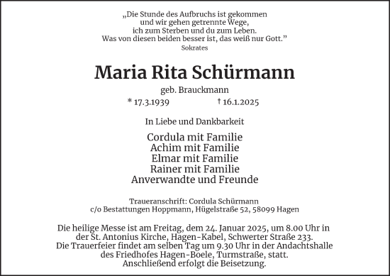 Traueranzeige von Maria Rita Schürmann von Tageszeitung