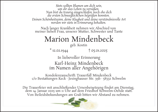 Traueranzeige von Marion Mindenbeck von Tageszeitung