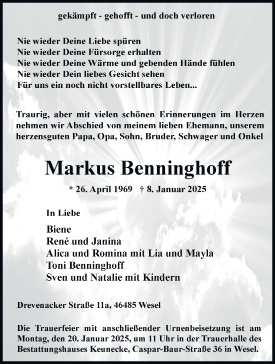 Traueranzeige von Markus Benninghoff von Tageszeitung