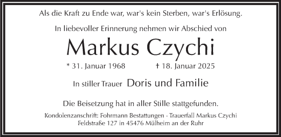 Traueranzeige von Markus Czychi von Tageszeitung