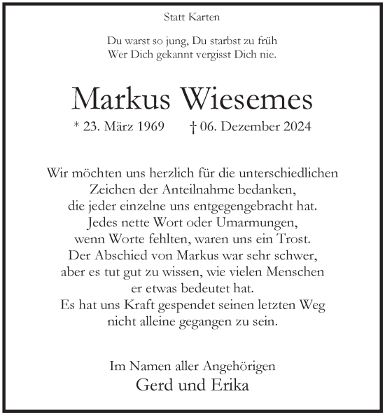 Traueranzeige von Markus Wiesemes von Tageszeitung