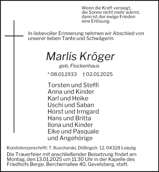 Traueranzeige von Marlis Kröger von Tageszeitung