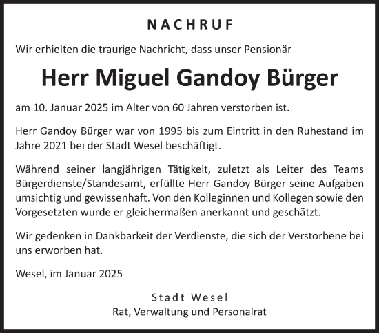 Traueranzeige von Miguel Gandoy Bürger von Tageszeitung