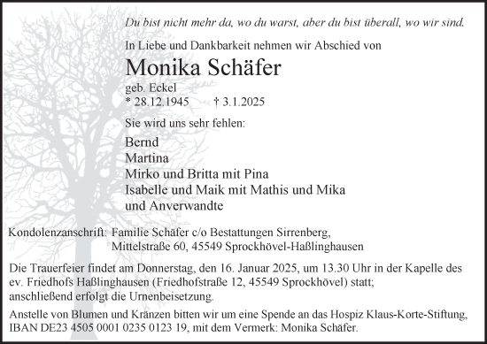 Traueranzeige von Monika Schäfer von Tageszeitung