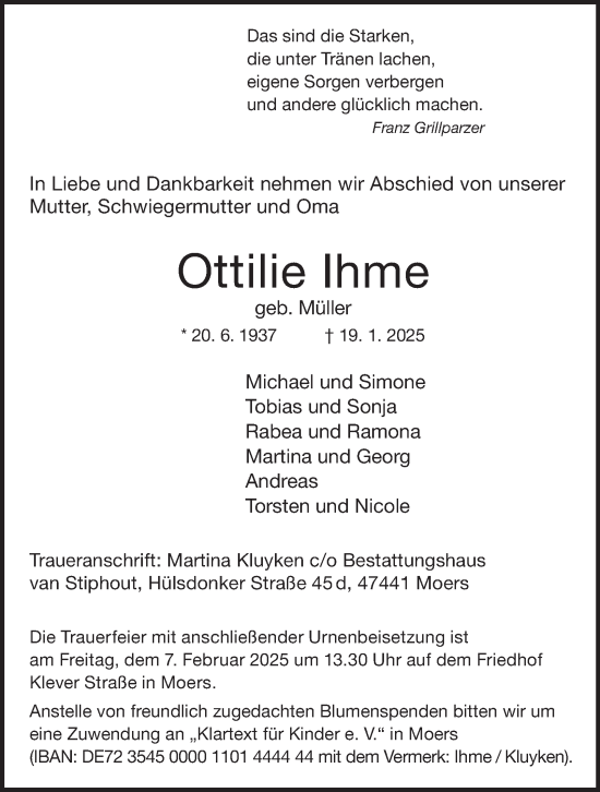 Traueranzeige von Ottilie Ihme von Tageszeitung
