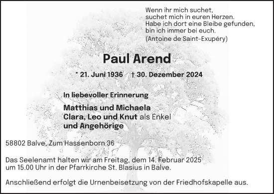 Traueranzeige von Paul Arend von Tageszeitung