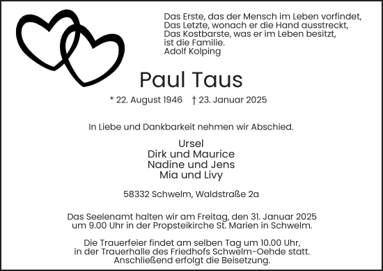 Traueranzeige von Paul Taus von Tageszeitung