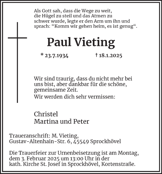 Traueranzeige von Paul Vieting von Tageszeitung