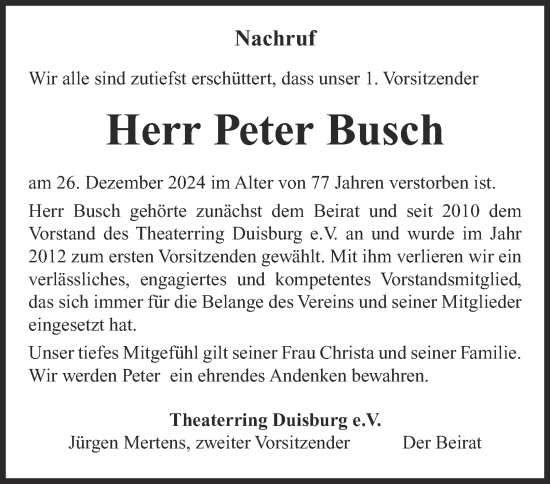 Traueranzeige von Peter Busch von Tageszeitung